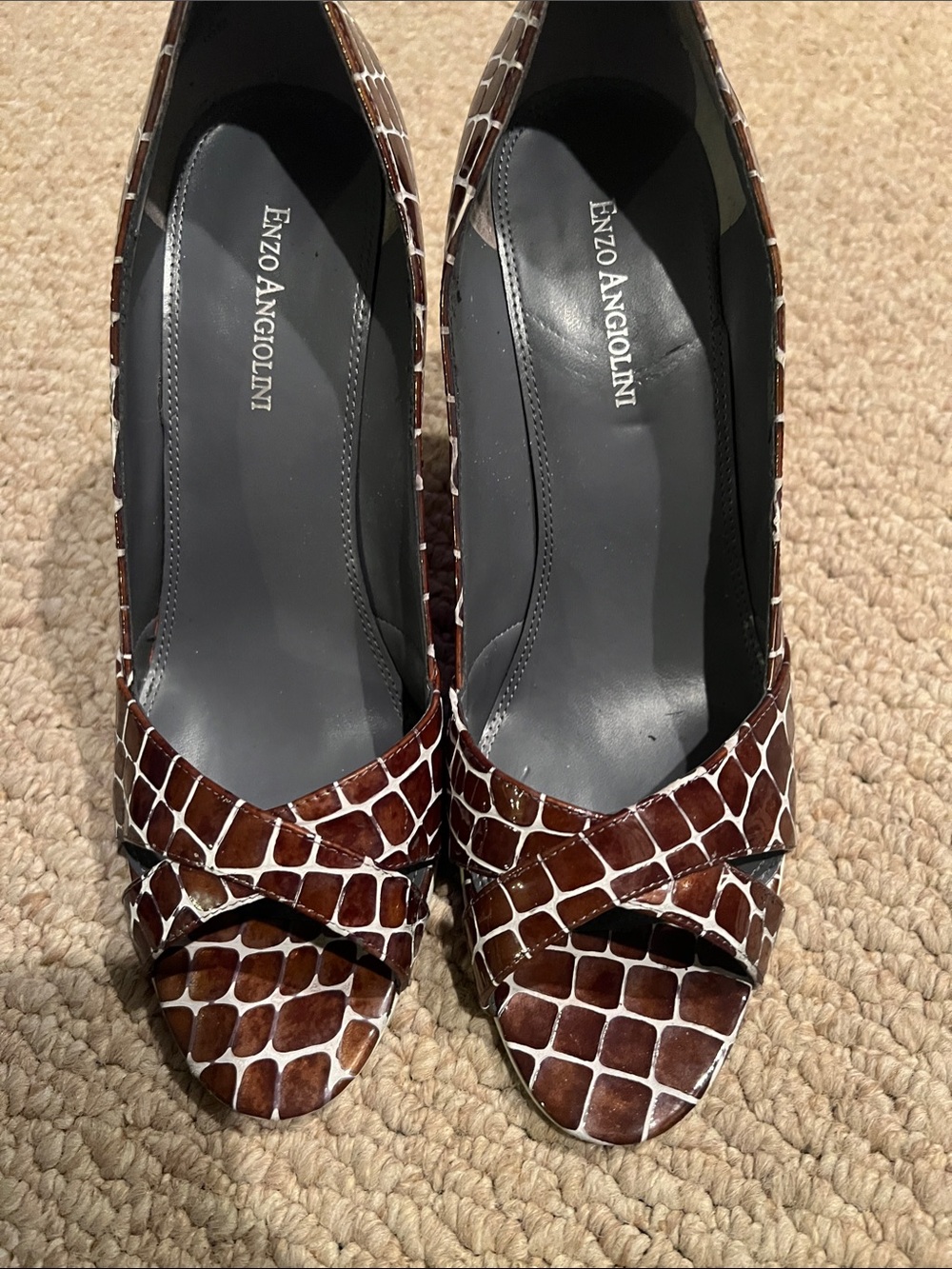 Enzo Angiolini Brown Croc-Embossed Peep-Toe Heels